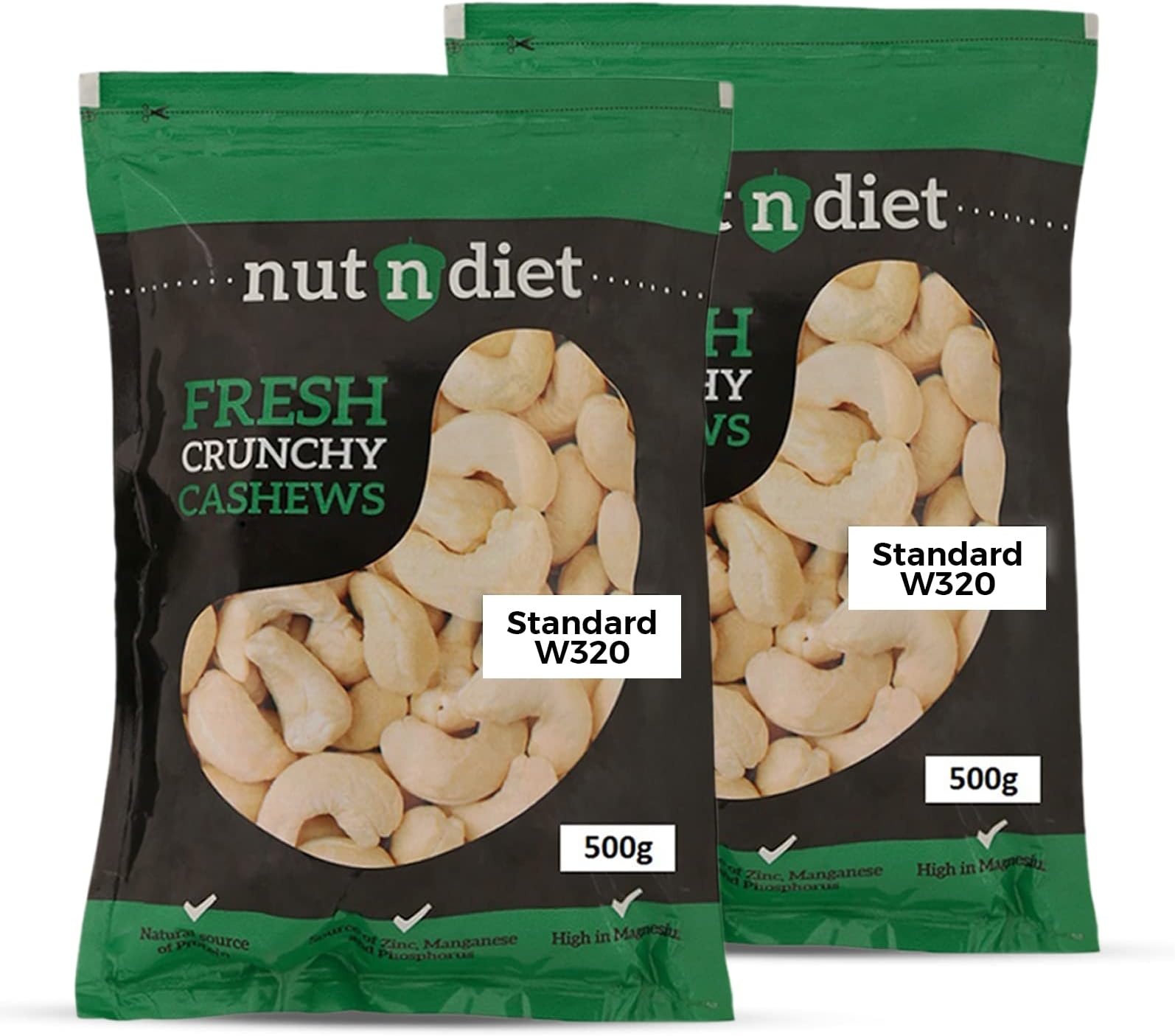 nutndiet Fresh Crunchy Standard W320 Grade Whole Cashews 1kg (500g x 2 Packs) (kaju 1 kg W320) Cashews
