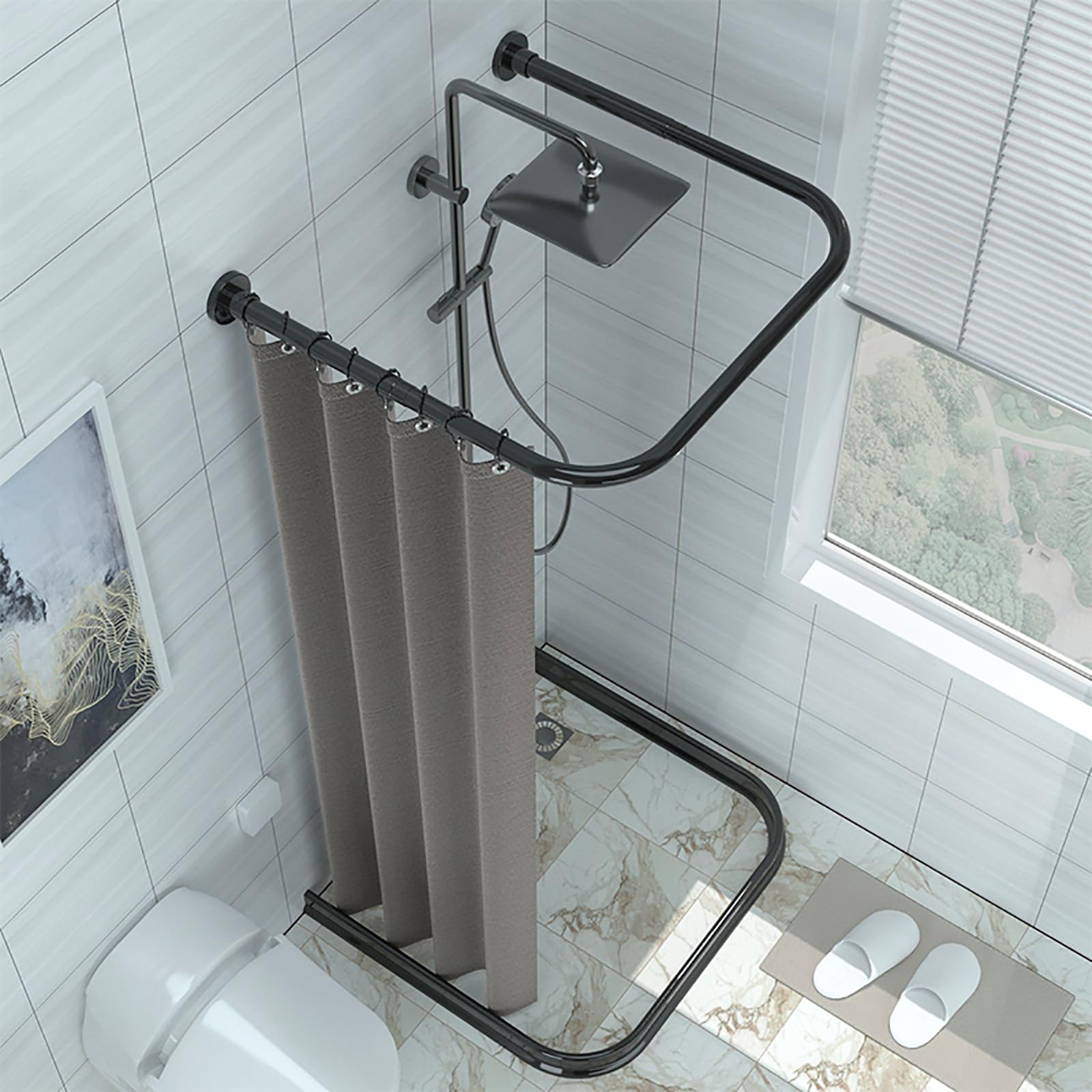 Regulowany drążek do zasłony prysznicowej w kształcie litery U 85-120 cm, bez wiercenia, zakrzywiona stal nierdzewna, montowany pod ciśnieniem, czarny - idealny do małych łazienek i narożników