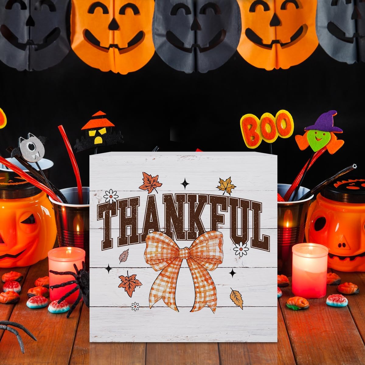 Thanksgiving Decorations Fall Decorations for Indoor Home Thanksgiving Table Decor Vintage Farmhouse Cute Fall Leaves Bow Halloween Christmas Wooden Box Sign Gift for Party Bedroom Living Room Office image 5