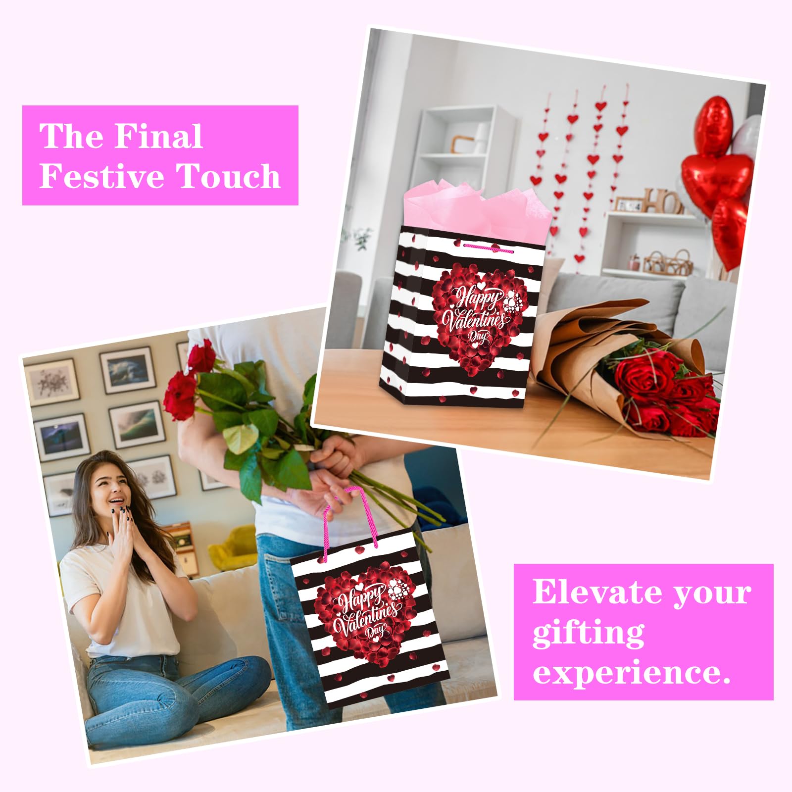 GMEMNOV Happy Valentines Day Gift Bag - 13" Large Valentines Bag with Tissue Paper & Handles, Valentine's Gift Bags for Her Him, Girlfriend Boyfriend, Wife Husband, Women Men Party & Celebrations