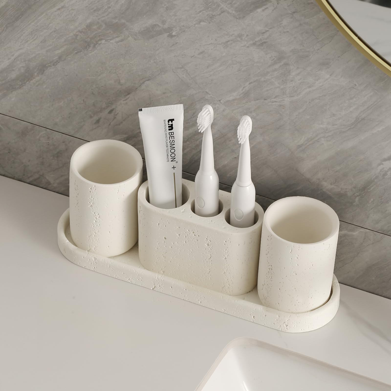 Juego de accesorios de baño, juego de 4 soportes para cepillos de dientes, incluye 3 ranuras para cepillo de dientes eléctrico y soporte para pasta de dientes, 2 vasos y bandeja para baño 2