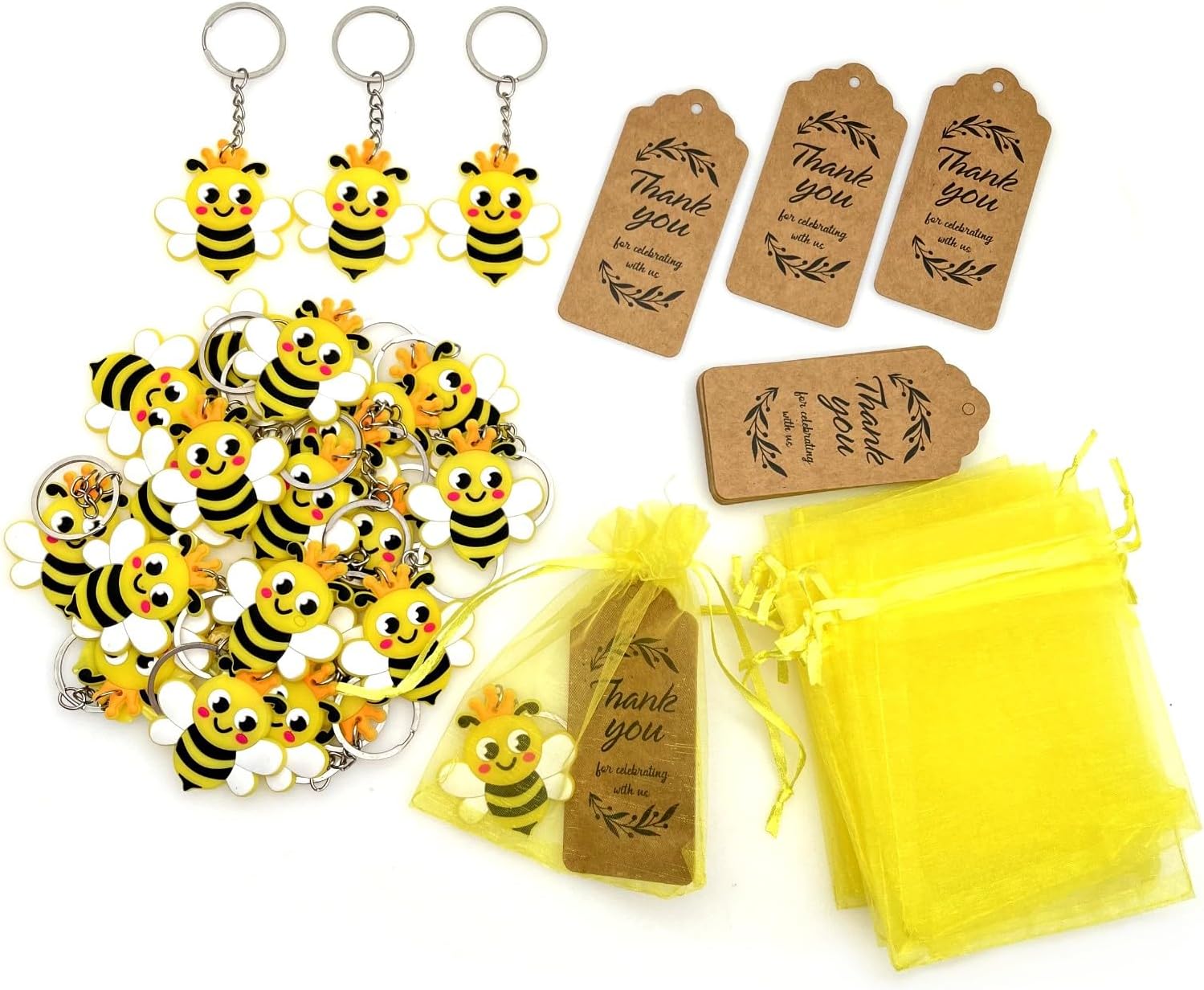 JZK 25x Bee themed party favours, bee keyring keychains with yellow confetti bags and gift tags set, kids birthday party bag fillers giveaways thankyou gift, bumble bee theme party decorations