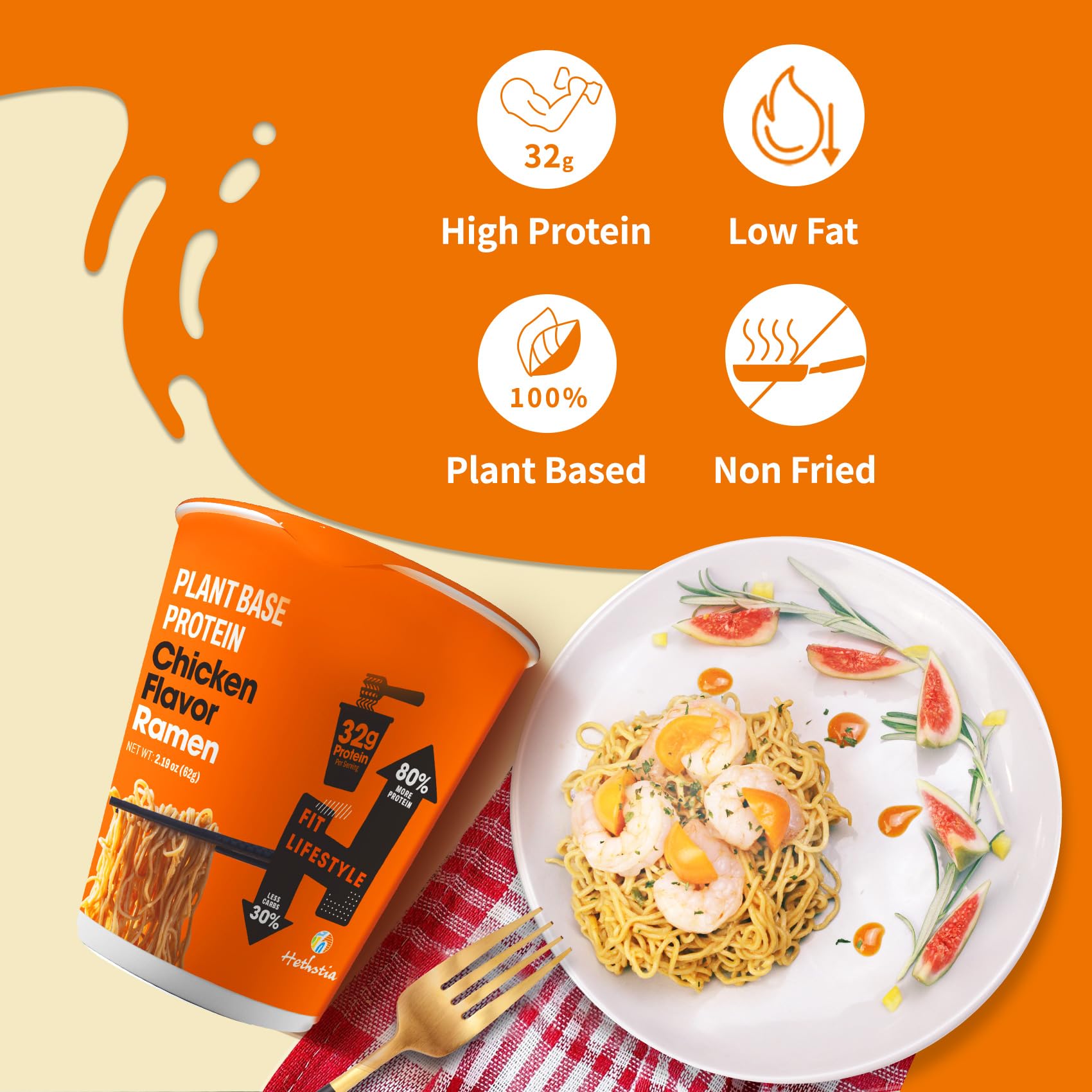 Hethstia Protein Ramen, Chicken Flavor Pre-Packaged Ramen Soup Cup, 6-Pack Instant High-Protein Noodles with 32g Plant Protein, Vegan, Low Fat, Air-Dried, Non-GMO, Healthy Quick Meal