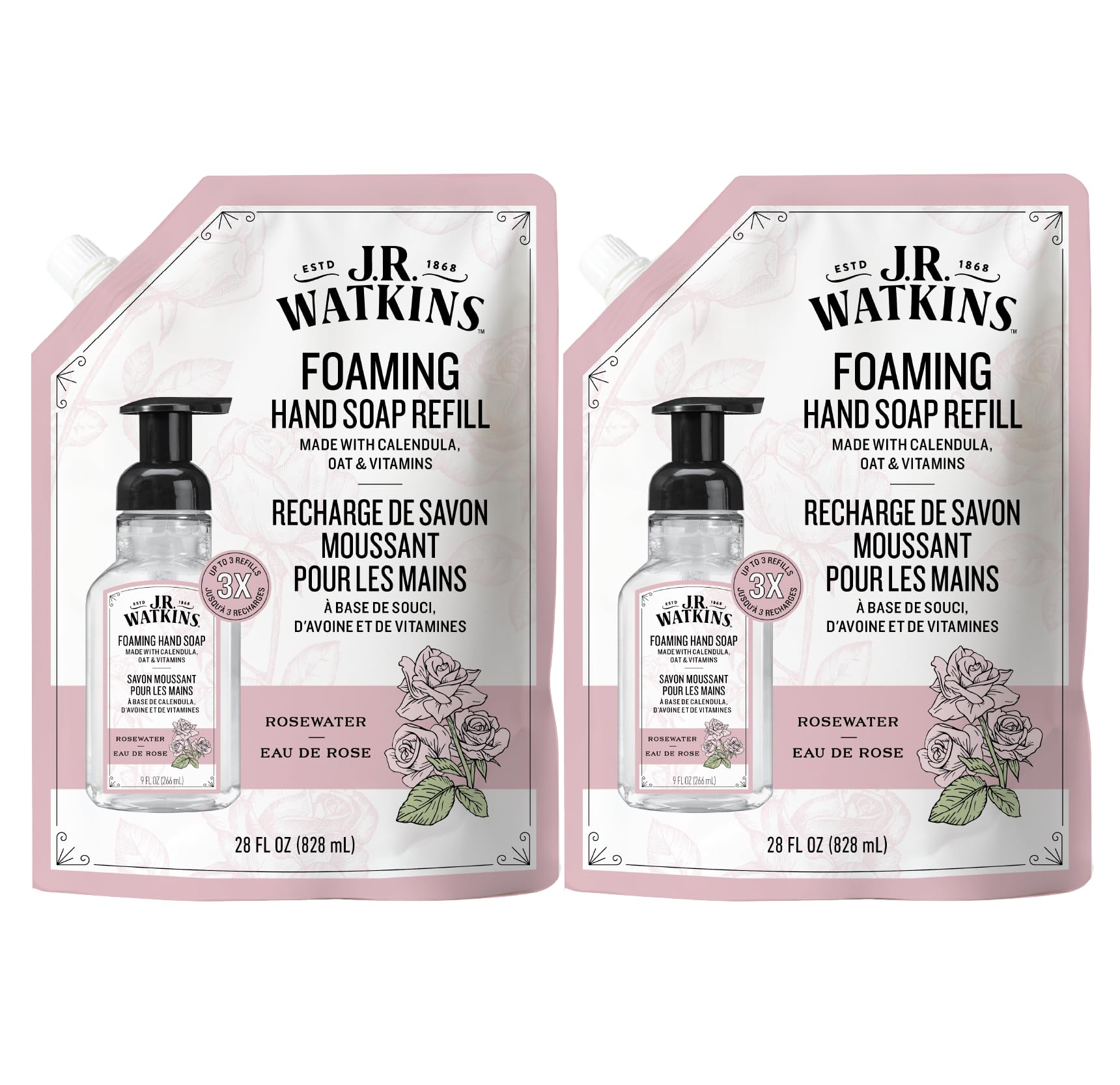J.R. Watkins Moisturizing Foam Hand Soap Refill 2 Pack, Rosewater, 28 fl oz