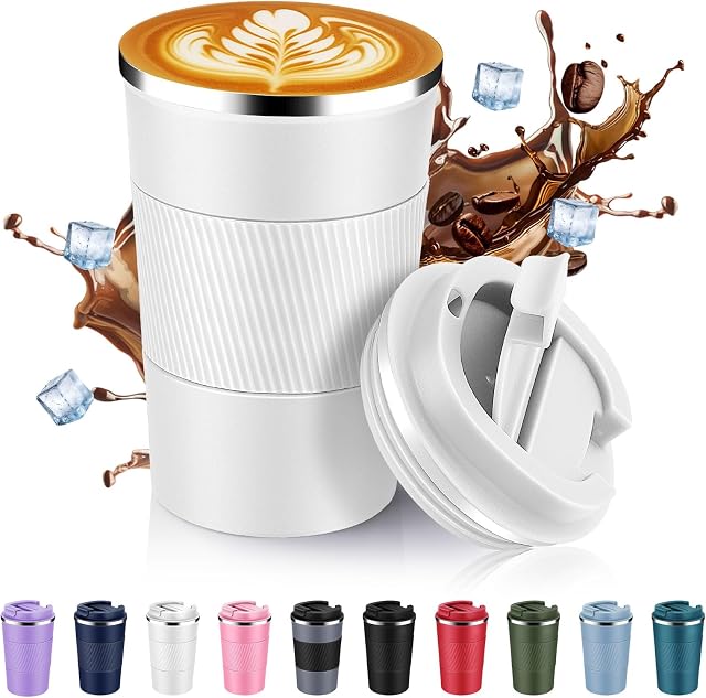 Volhoply 13 oz Stainless Steel Insulated Travel Coffee Mug with Fip Lid,Reusable Double Wall Vacuum Metal Coffee Cup,Portable to Go Leak Proof Cafe Thermal Tumbler for Hot & Cold Drinks(White,1)