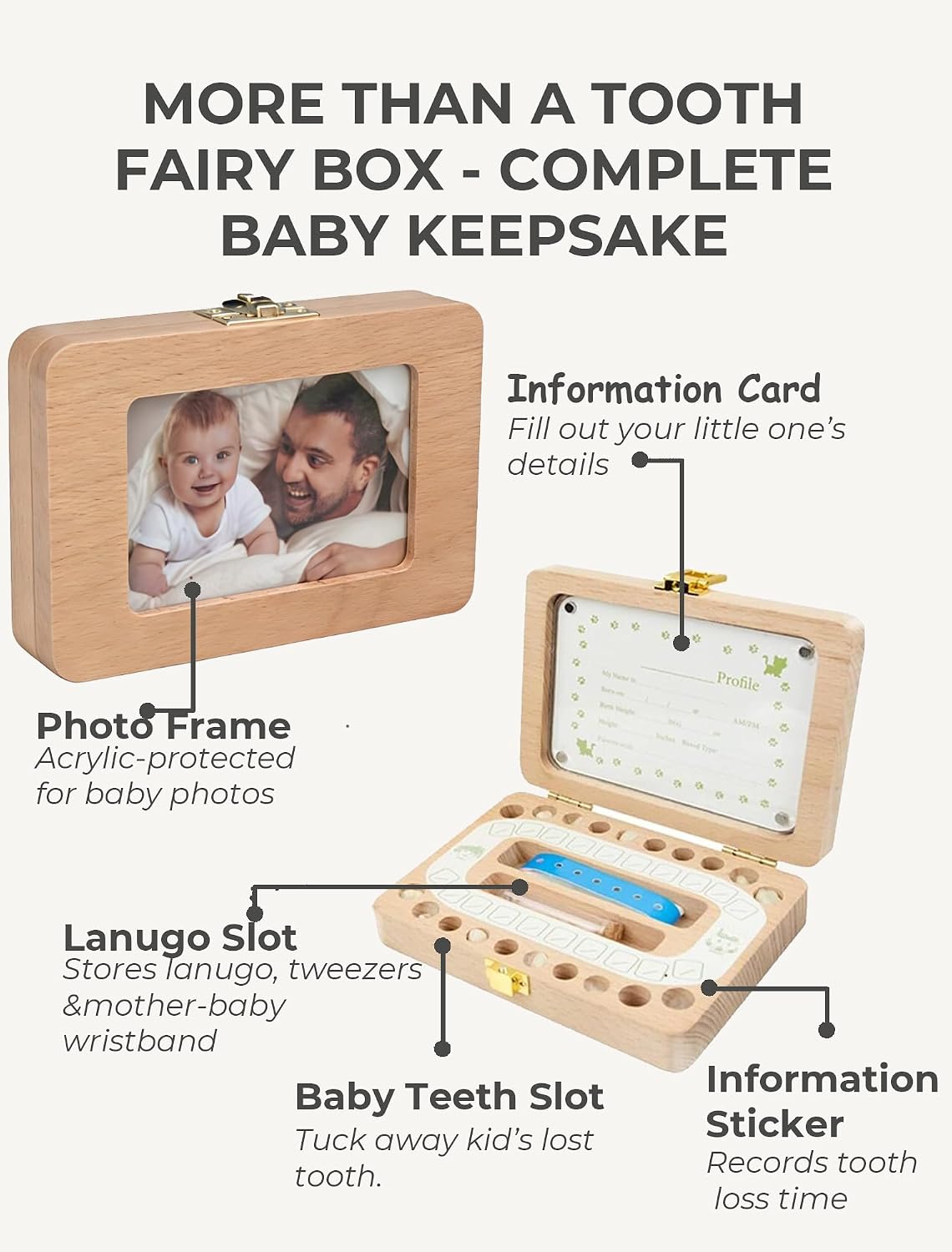 Tooth Fairy Tooth Holder, Handcrafted Natural Wood Storage Box with Fairy Gold Coin, Ideal for Baby Teeth Umbilical Cord Lanugo, Odorless Non-Toxic Keepsake Organizer for Lost Teeth (Large)