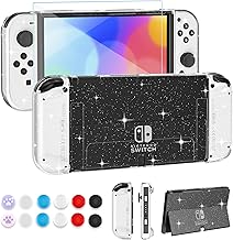 GLDRAM Glitter Case for Nintendo Switch OLED Model 2021 with Screen Protector and 12 PCS Thumb Caps, Clear Protective Hard Cover for Switch OLED Console & JoyCon - Ultra-Slim & Flip Shell