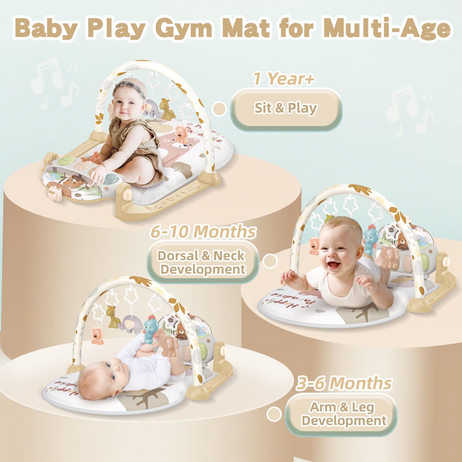 Gimnasio Bebé Montessori 0-6 Meses, Manta Juegos Bebe con Musical de Piano Ajustable y Sonajero, Tapete de Actividades para Caminar, Juguetes Alfombra Sensorial Bebé 6-12 Meses (Marrón)
