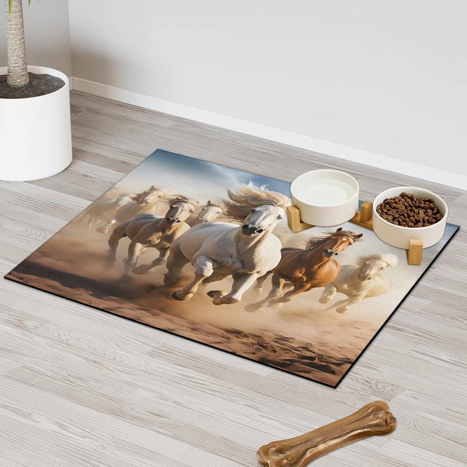 Hexteria Cool Running Horse Dog Food Mat Absorbent Quick Dry Pet Feeding Mat for Food and Water Bowl Non Slip Placemat for Dogs Cat, Easy to Clean,24 x 32 in