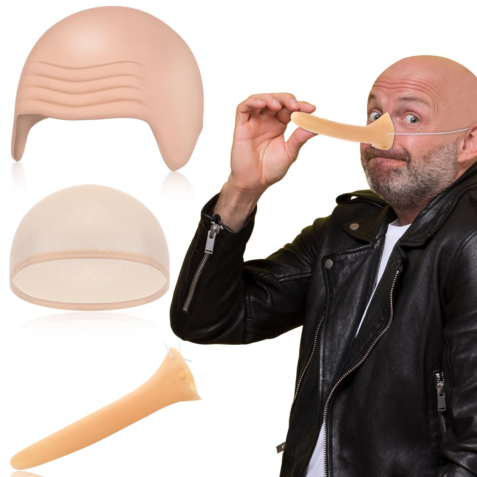 Syhood 3 Packs Halloween Bald Caps Latex Fake Long Nose,Classic,Nude Color