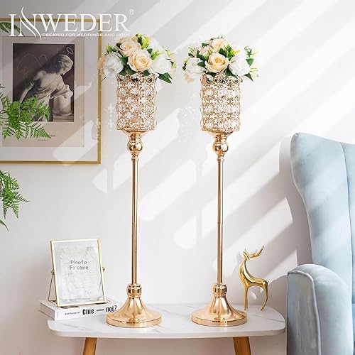 Miniatura 4 de Decoración de mesa de jarrón dorado para centro de mesa, jarrones de 32.9 pulgadas de alto para centros de mesa con piedras brillantes, centros de