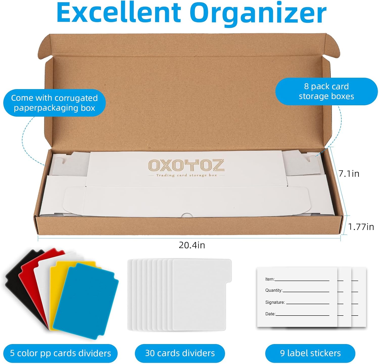 Trading Card Storage Box, 8 Pack 5 Color Dividers 9 Label Stickers 30 Dividers, Card Box for Baseball Football Basketball Sports Cards,Card Holder for Mtg (8 Pack-White-Horizontal, 14.0" L)
