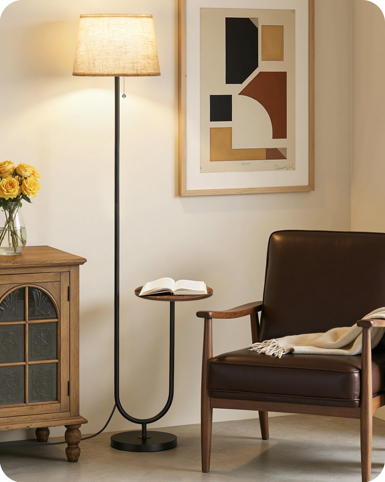Lámpara de Pie con Mesa Auxiliar 3 Temperaturas de Color Cabezal Ajustable Pantalla de Lino Marrón Rústico y Beige