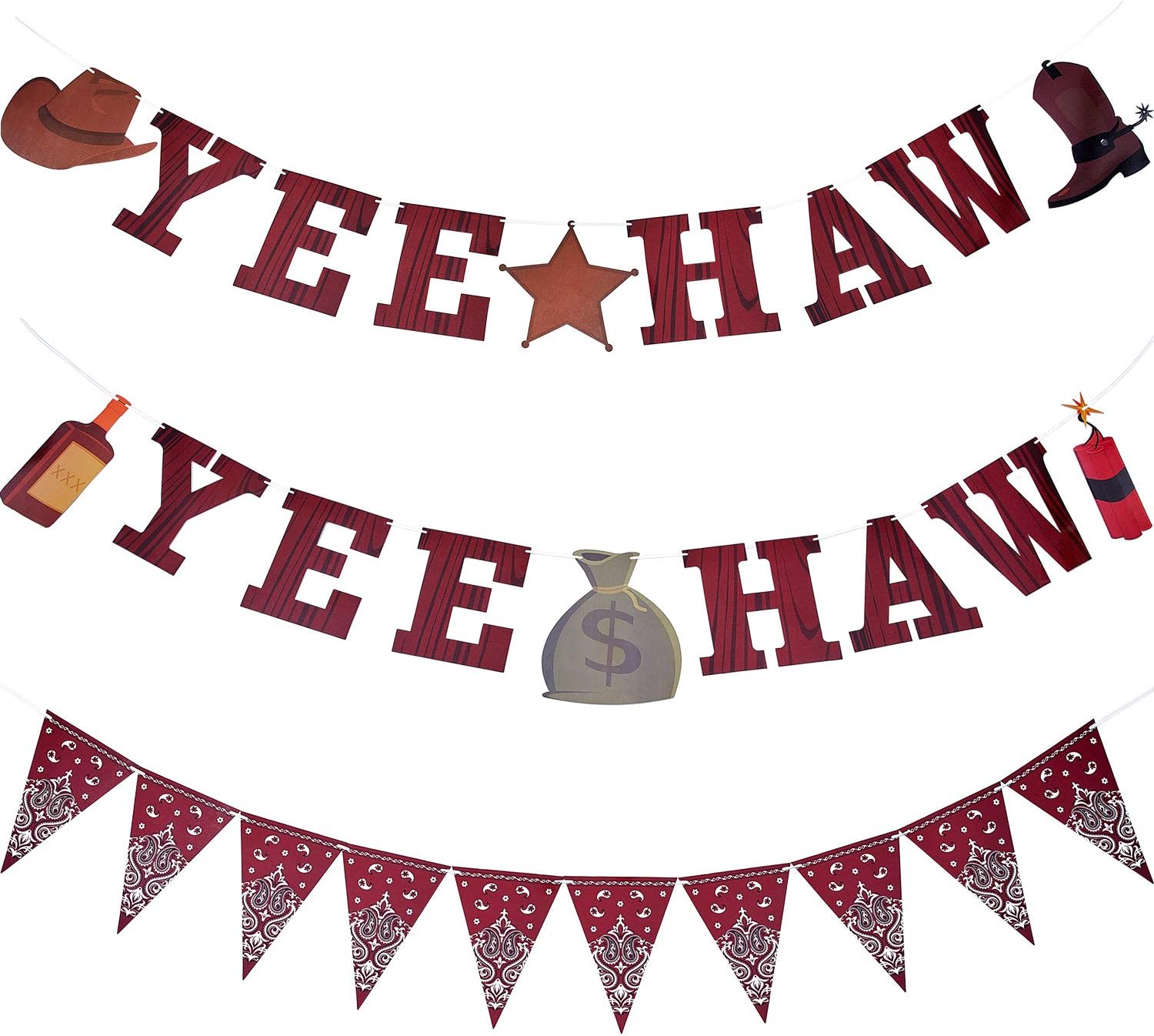 Boao 3 Pieces Wild West Party Decoration Cowboy Party Decorations Yee Haw Banner Bandana Pennant Garland Cowboy Accessories for Western Themed Decor