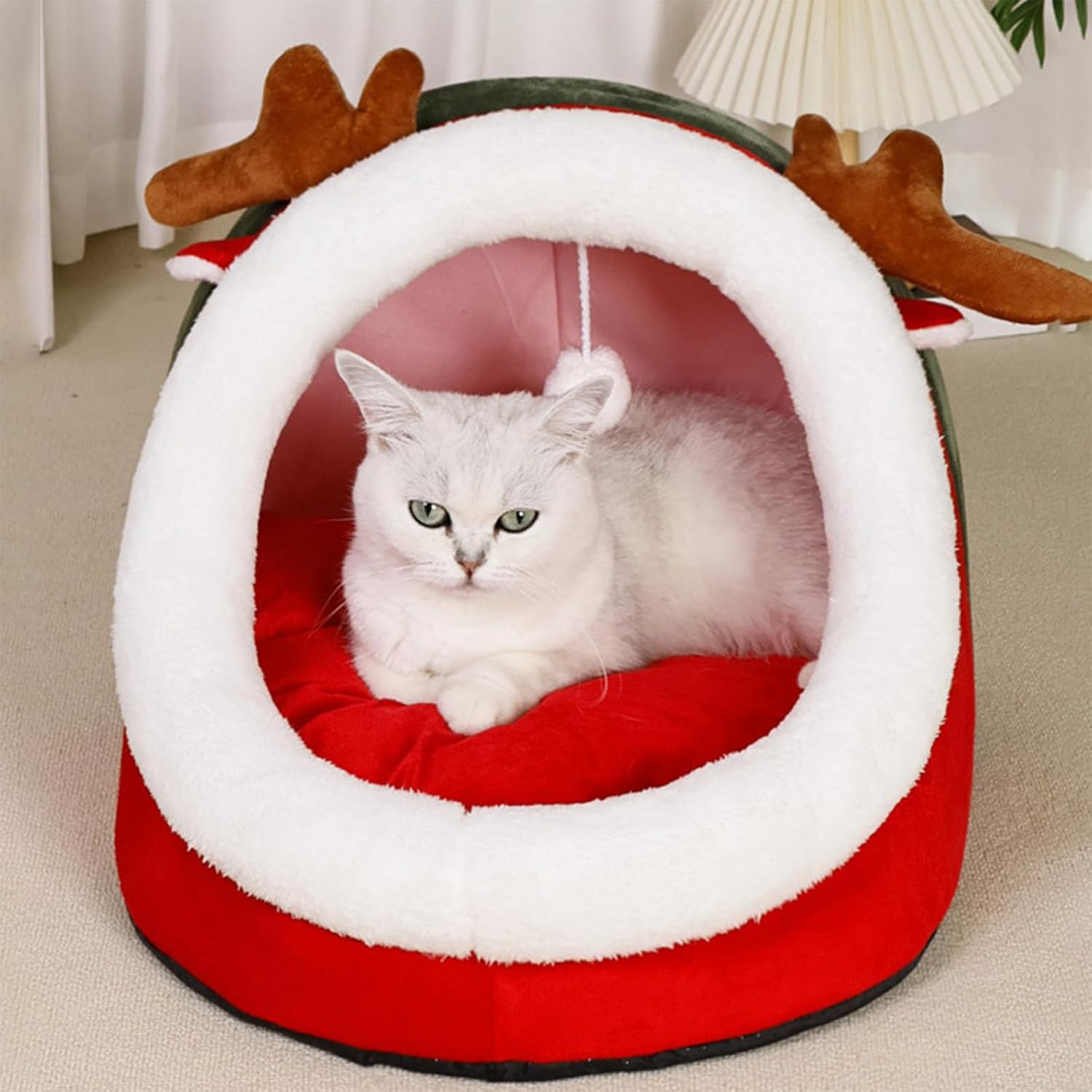Christmas Cat Bed for Indoor Cats House, Red Reindeer Pet Bed Semi Enclosed Removable and Washable Dog Bed Winter Warm Cat Beds House for Kittens and Small Animals, Warm Cat Cave Beds for Christmas