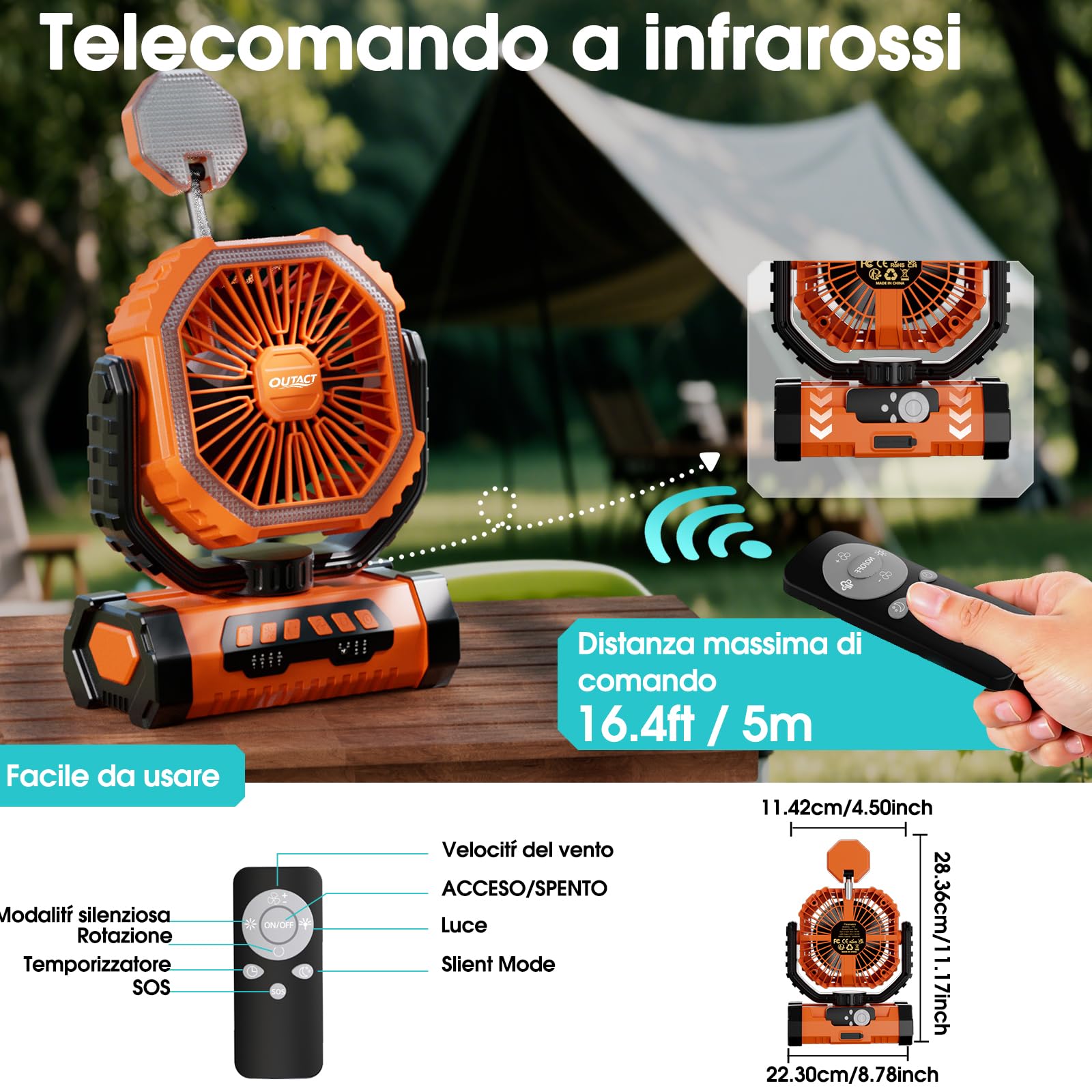 Ventilatore Campeggio 20000mAh con Luce LED, Ventilatore Portatile Ricaricabile con Gancio e Telecomando, V-entilatore USB Scrivania per Esterno Tenda Spiaggia Allaperto - Arancia | Ventilatore Portatile Ricaricabile con Gancio e Telecomando, V-entilatore