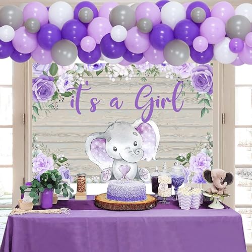Miniatura 4 de Decoraciones de baby shower de elefante morado para niña – It's A Girl Elefante telón de fondo lavanda floral pequeño elefante de bienvenida bebé
