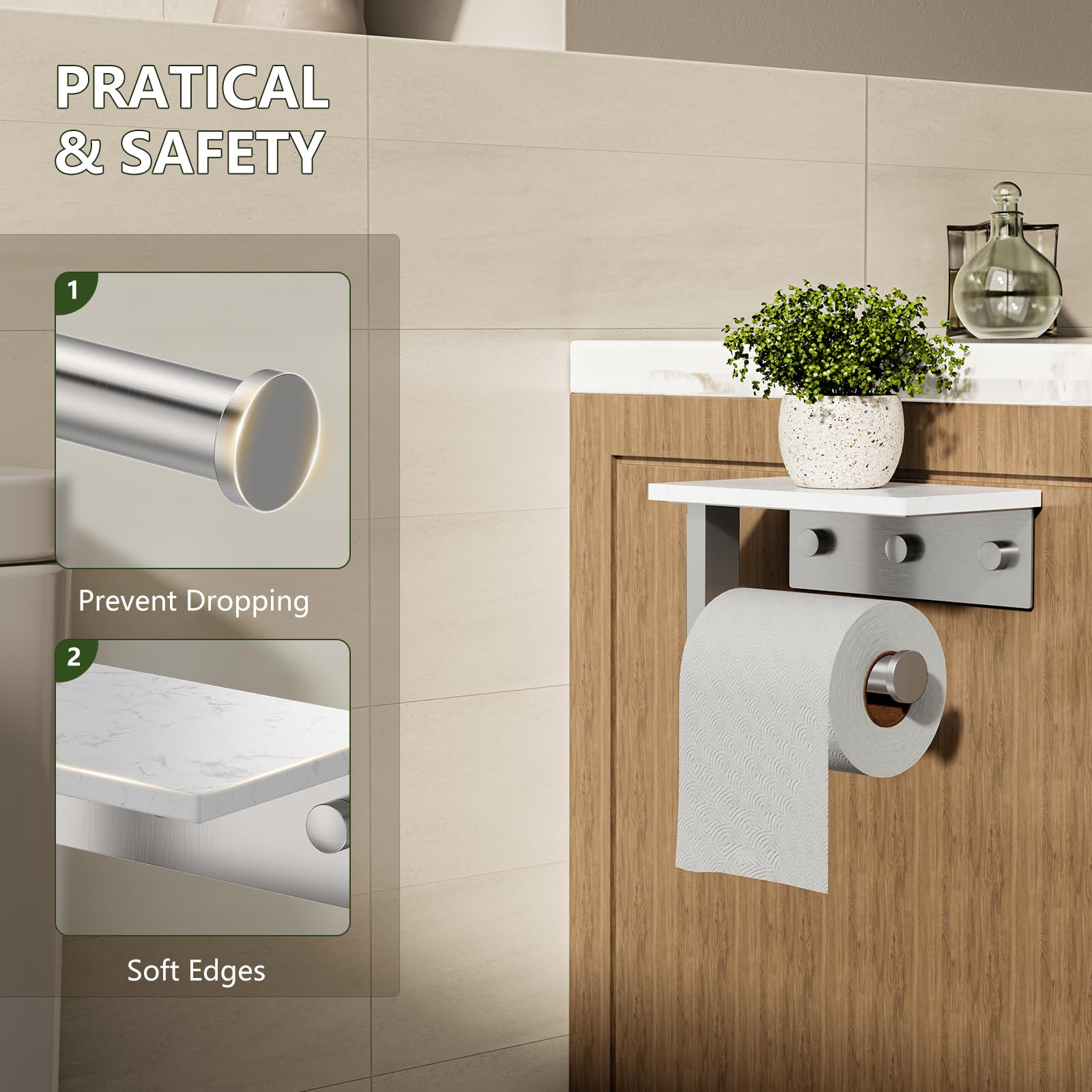 Brushed Nickel Marble Toilet Paper Holder with Shelf Wall Mount — Amazon image 3