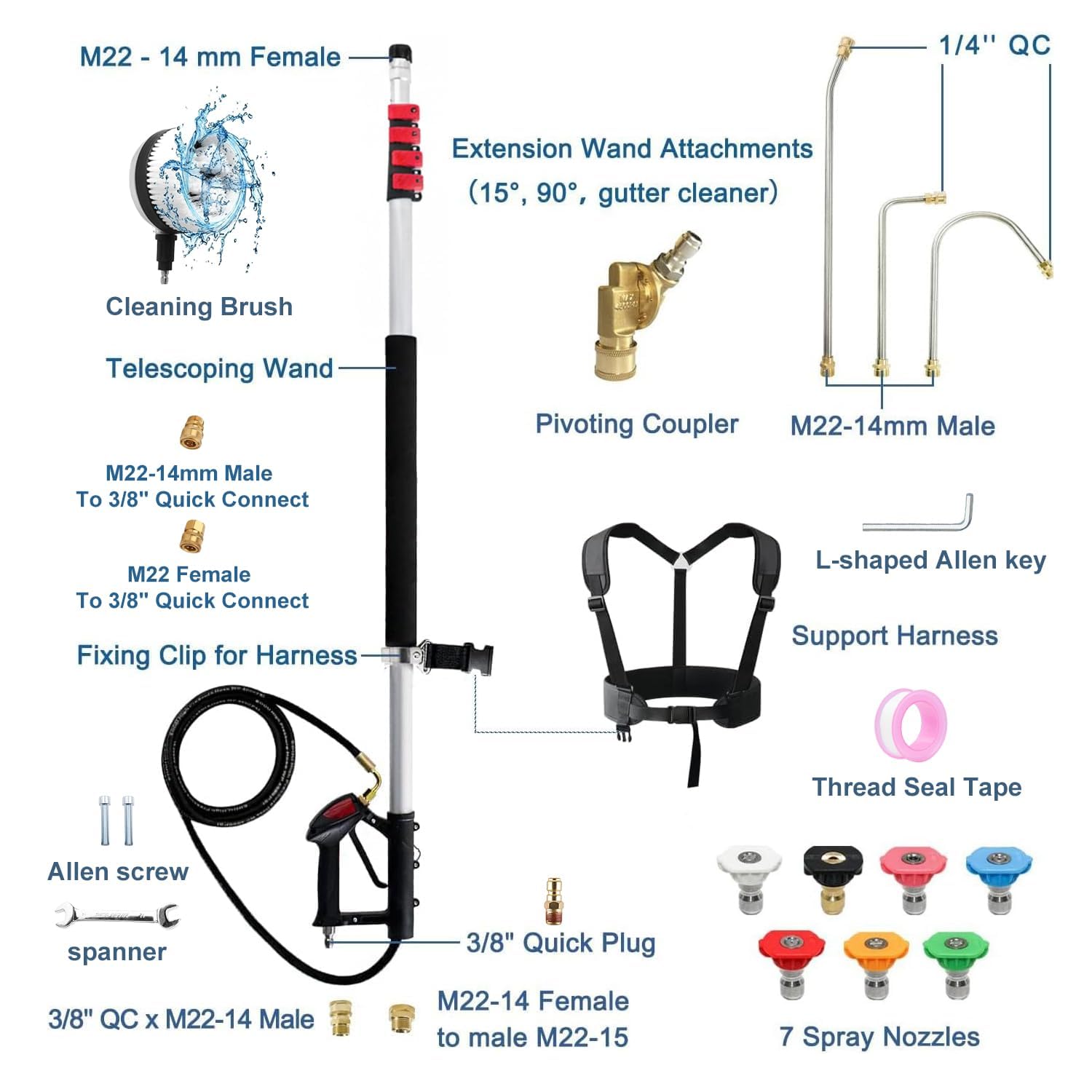 Gresonic Bacchetta telescopica ad alta pressione, 7,3 m, set di 7 punte per ugelli a spruzzo, 2 adattatori per tubi e cinghia di supporto per grondaie, sottoguanti, pareti (24)