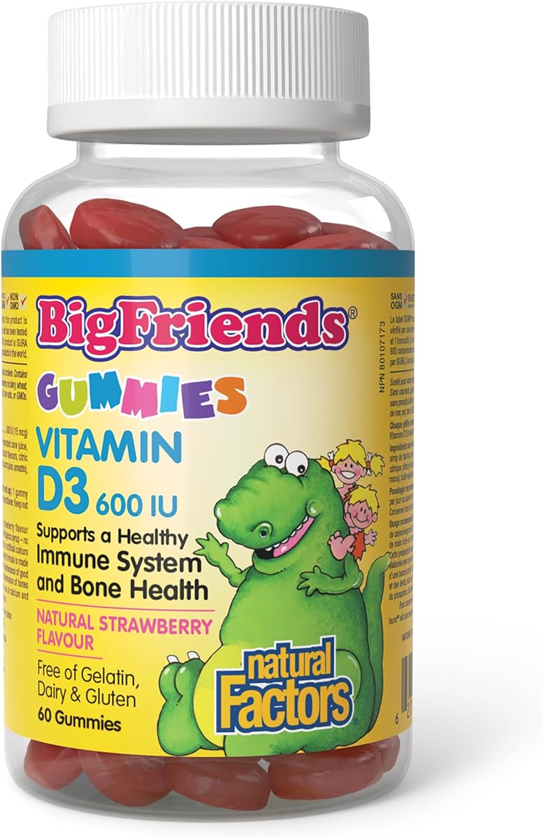 Natural Factors Natural Factors Big Friends KIDS Vitamin D3 600 IU, 60 Gummies, Natural Strawberry Flavour, Allergen-Free, Vegetarian-Friendly, Supports Healthy Immune System & Bone Health, Proudly Canadian