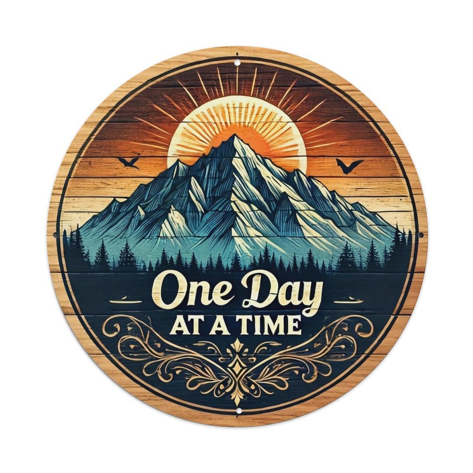 Mountain Sunset Forest Birds Sun Retro Metal Sign Round Tin Sign, Vintage Decor Art Poster for Bar, Home, Man Cave, Kitchen, Laundry Room Gift 8x8Inch