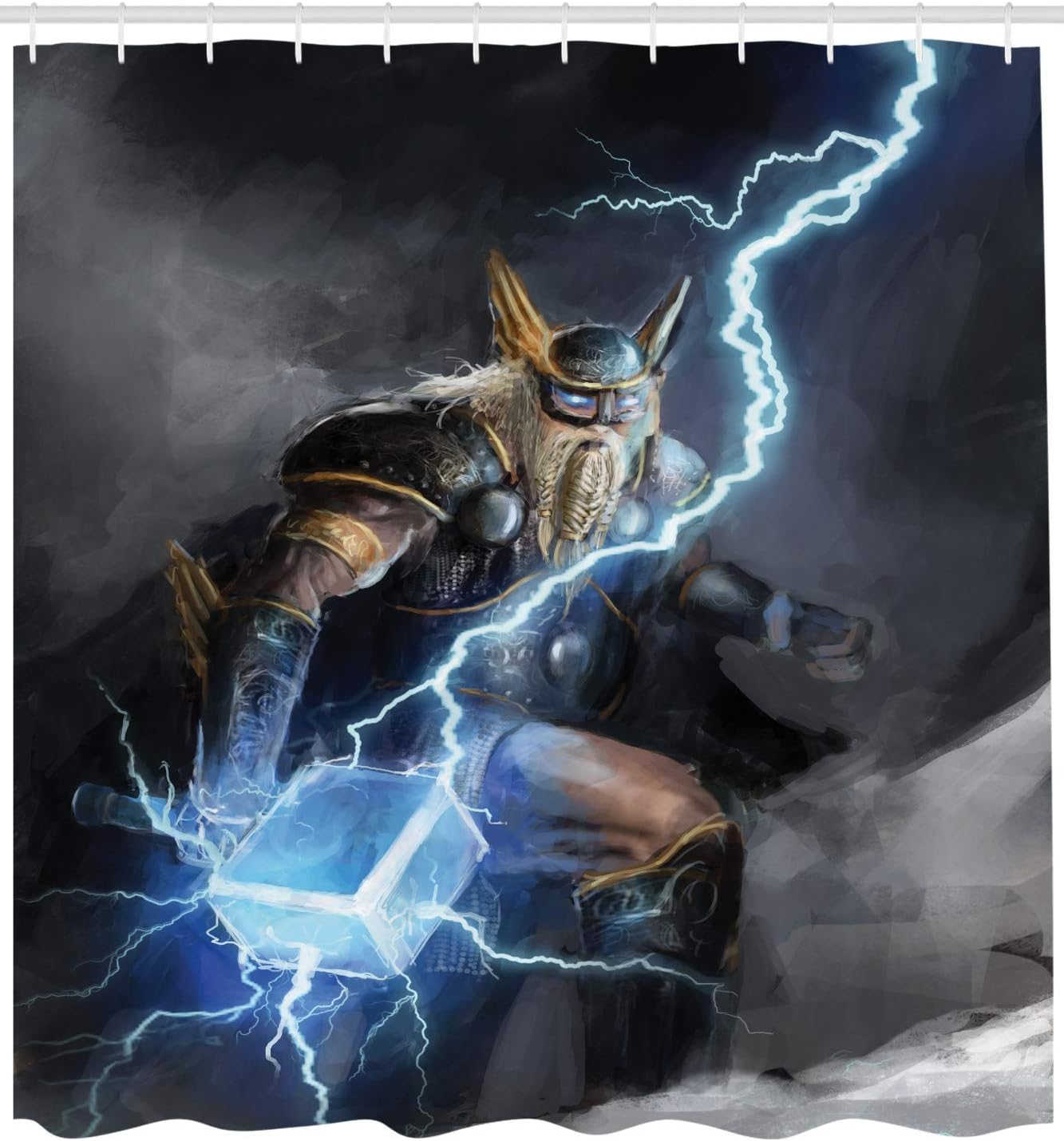 Lunarable Viking Shower Curtain, Thor with Mjolnir Climbing on a Mountain Bringer of The Thunderstorm Artwork Print, Cloth Fabric Bathroom Decor Set with Hooks, 69" W x 75" L, Multicolor