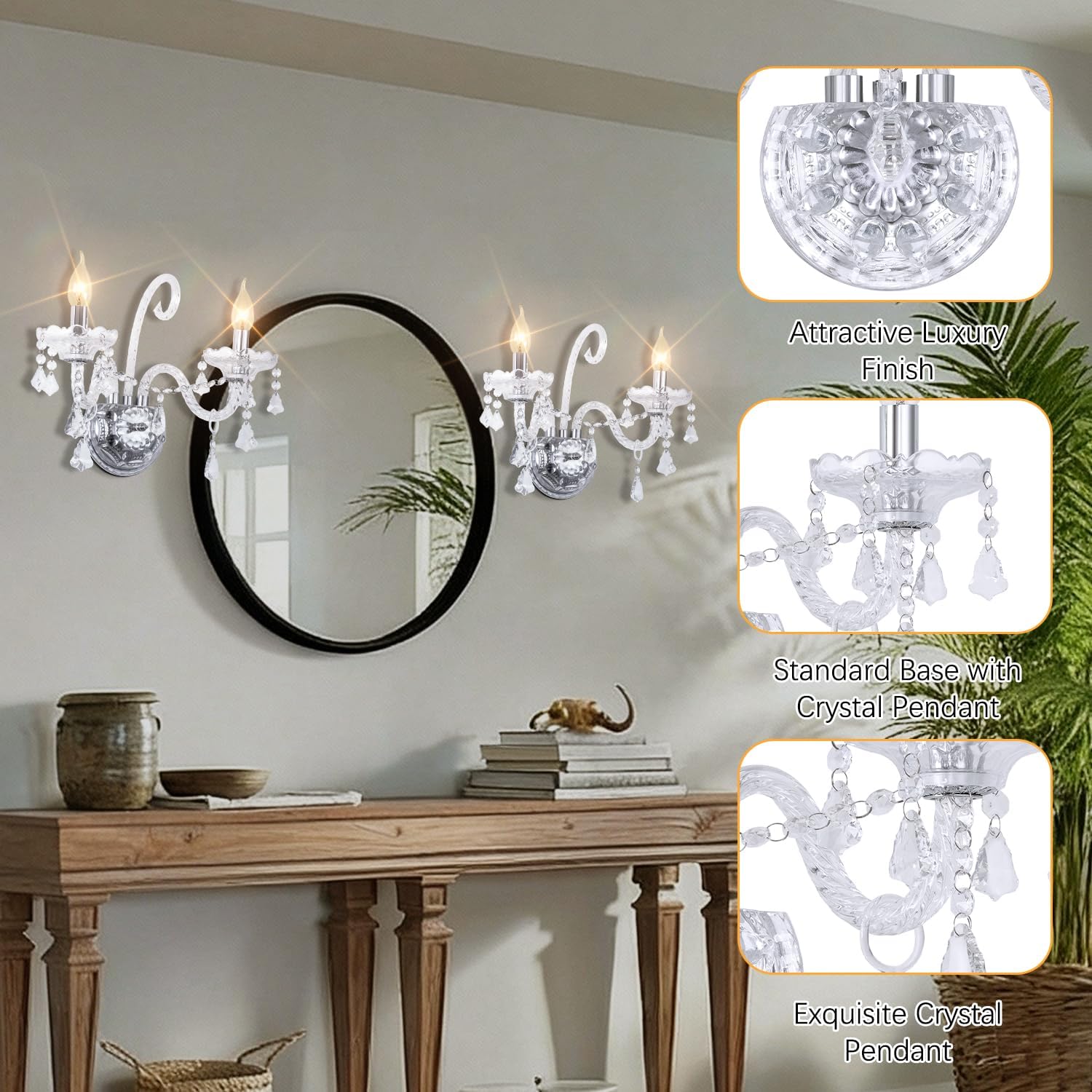 Vintage Crystal Wall Sconce Lighting Crystal Wall Light Elegant 2 Lights European Style Decorative Luxury Sconces Wall Lamp for Bathroom Bedroom Bedside Entryway Sconce Light