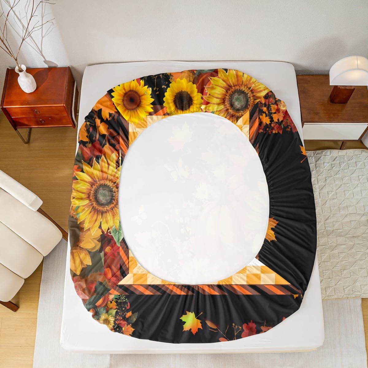 Feelyou Pumpkin Bed Sheets Set Fall Sunflowers Butterfly Sheet Set Boys Girls Geometric Plaid Decor Sheets with Deep Pocket Fitted Sheet Microfiber Vintage Maple Leaves Bed ing Set Bed OOM Queen Size