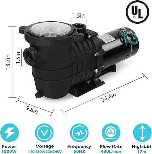 Miniatura 6 de Stream Bomba de piscina negra industrial 2HP 6825GPH, voltaje dual 110V/220V, sobre tierra/enterrado, silenciosa, ahorro de energía