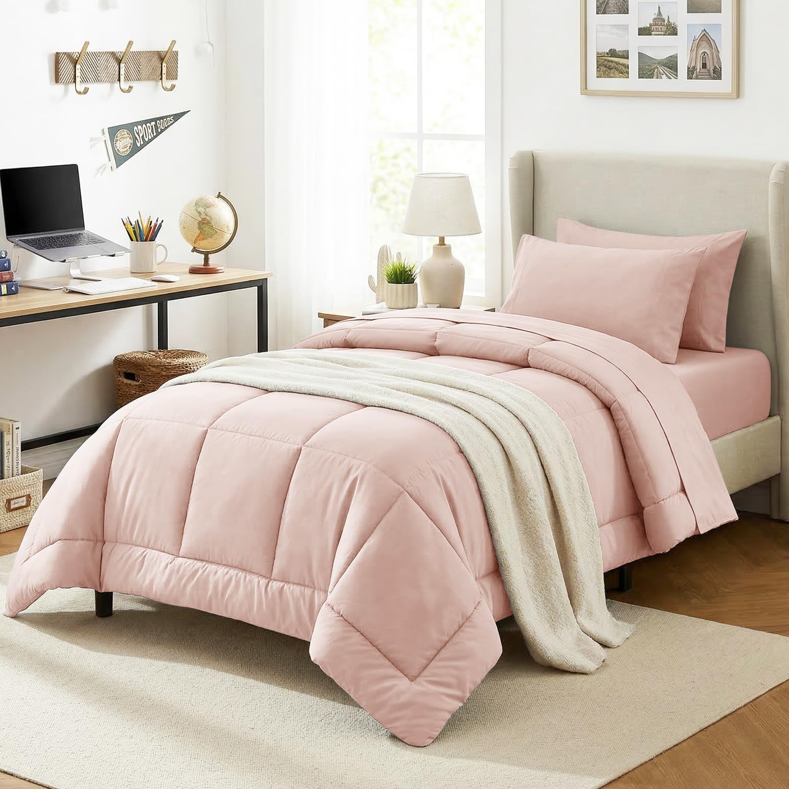 CozyLux Twin XL Comforter Set Blush Pink, 5 Pieces Twin Extra Long Bed in a Bag for College Dorm, All Season Bedding Set with Stitch Quilted Comforter, Flat Sheet, Fitted Sheet, Pillowcases