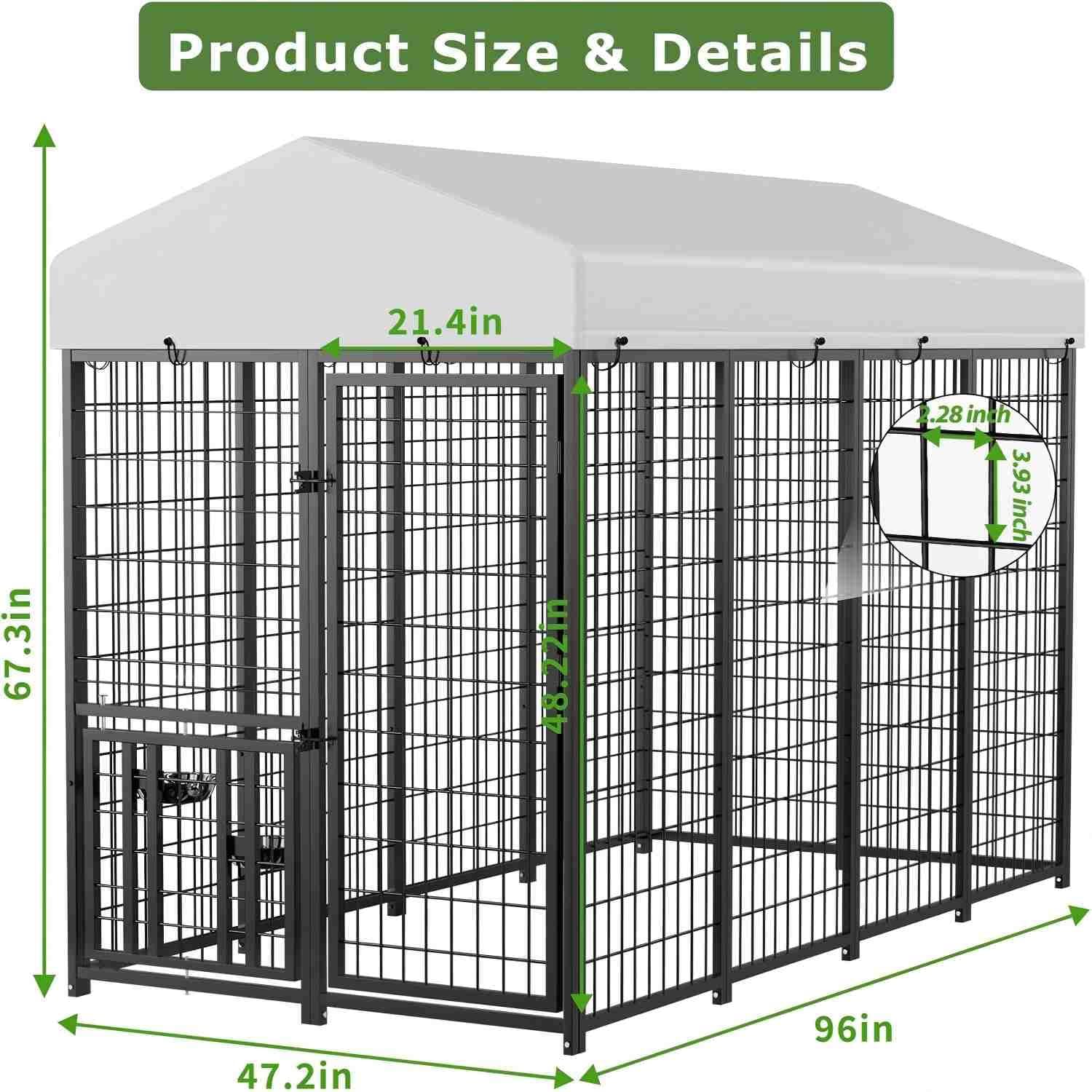 Outdoor Dog Kennel with Rotating Feeding Door, Stainless Bowls and Upgraded Polyester Roof 8 X 4 X 5.6-FT