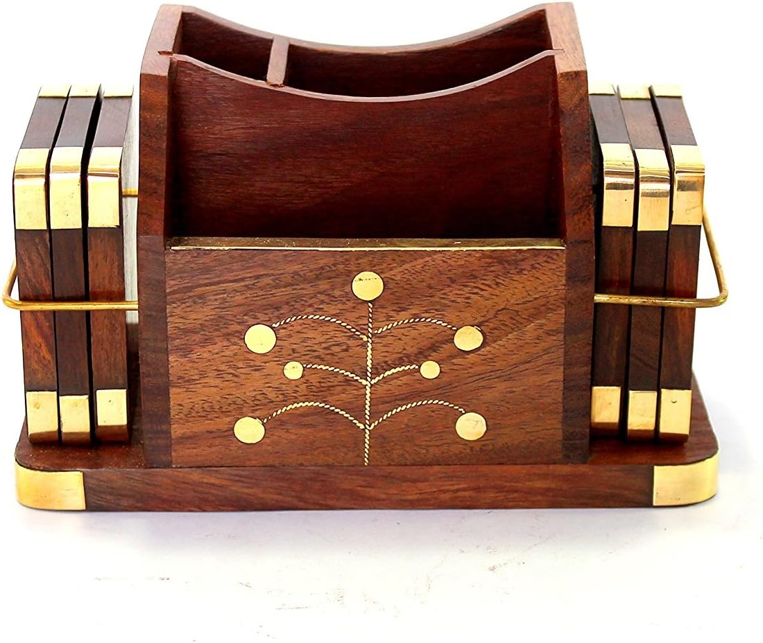 GAC Wooden Decorative Handi Craft Pen Stand with Coaster for Desk (6x4 Inches) - Set of 6