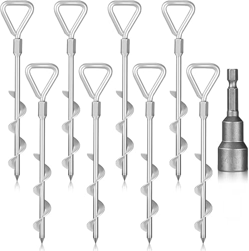 Miniatura 8 de 8 estacas de trampolín de 12 pulgadas, anclajes de tierra atornillados con broca, anclajes de tierra de metal para columpios, trampolines, tiendas