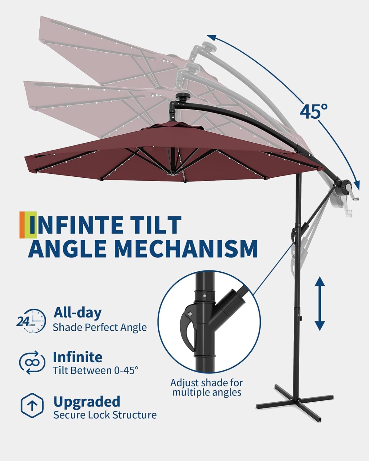 10FT Cantilever Umbrella with Solar Lights, Outdoor Offset Market Umbrella with Infinite Tilt and Cross Base, Outside Patio Umbrellas for Backyard, Lawn, Garden and Pool (Wine Red)