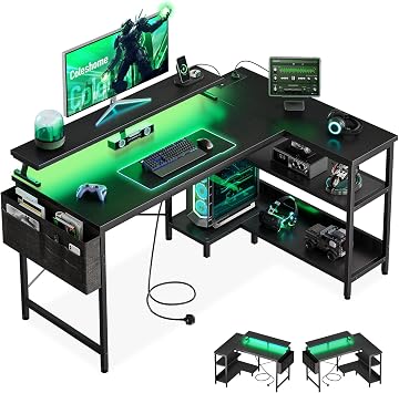 Coleshome L Shaped Gaming Desk with LED Lights, 100   70 cm Computer Desk with Power Outlet, Reversible Corner Gaming Table with Storage Shelves & Monitor Stand, Black