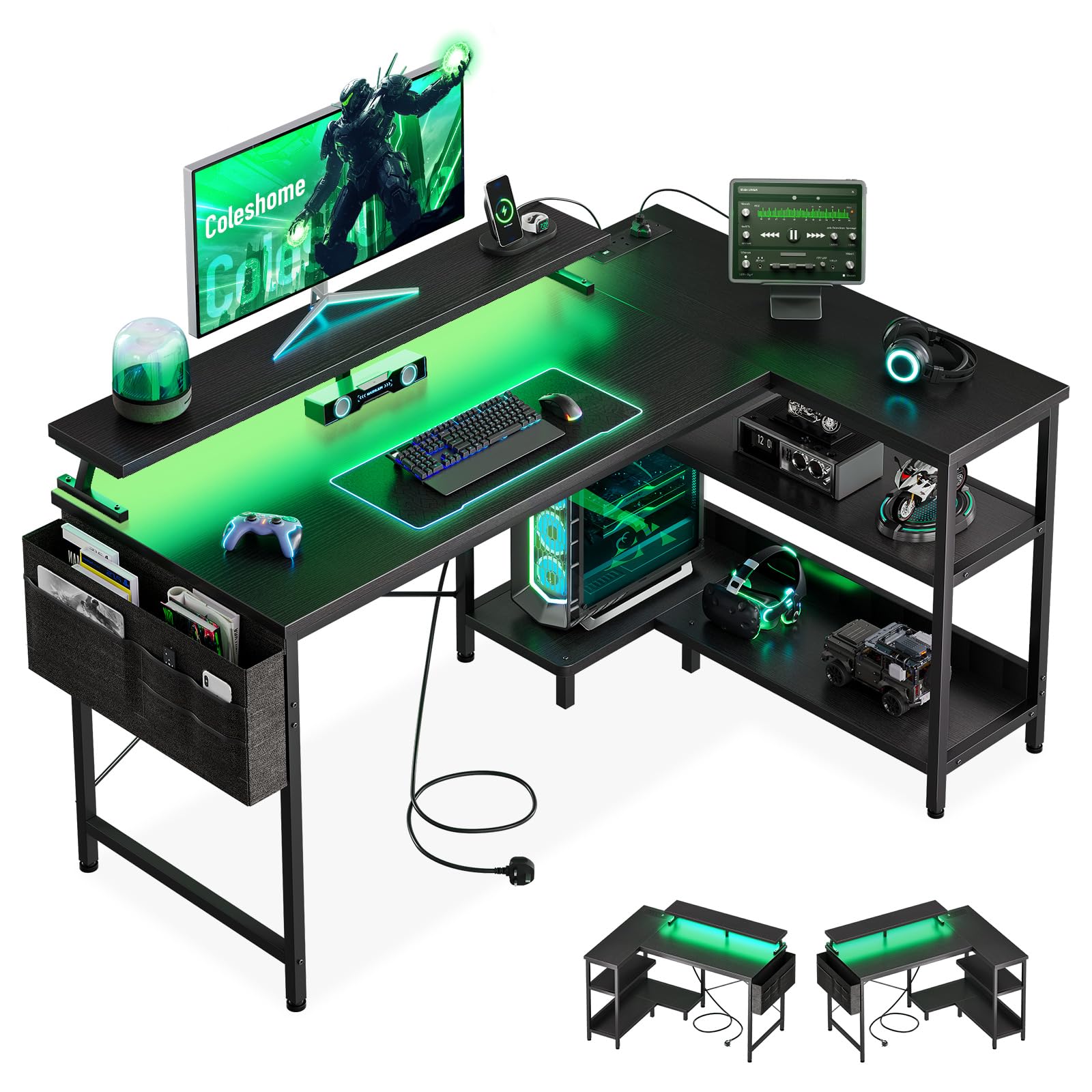 Coleshome L Shaped Gaming Desk with LED Lights, 100 × 70 cm Computer Desk with Power Outlet, Reversible Corner Gaming Table with Storage Shelves & Monitor Stand, Black