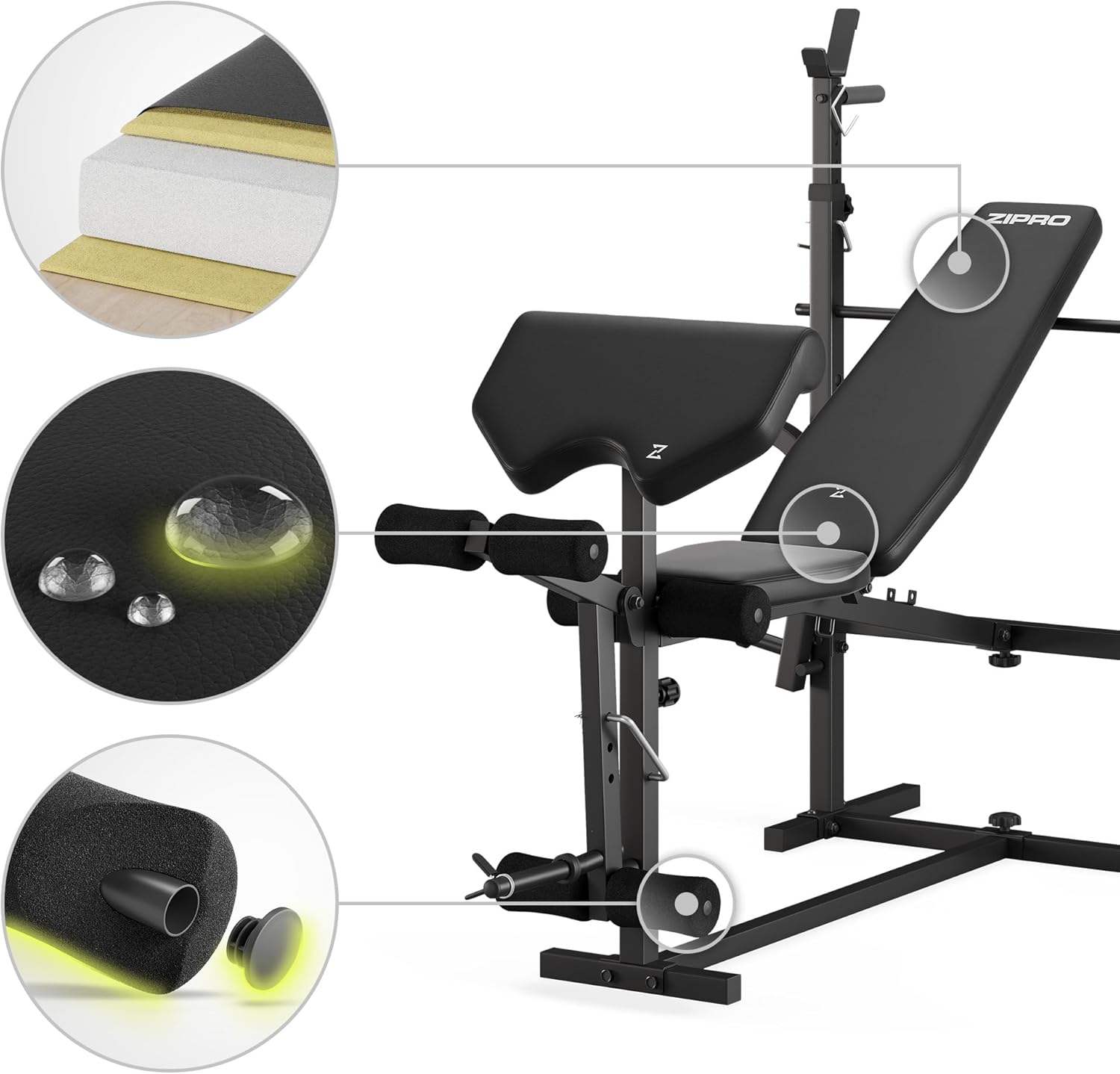 Close-up of the bench's durable padding and foam rollers