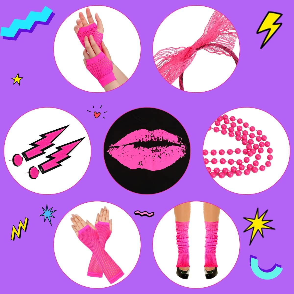 WILDPARTY 80s Costume Accessories for Women, 80's Print Off Shoulder T-Shirt Headband Earring Necklace Fishnet Gloves Legwarmers for 80s Party Halloween 80s Outfit for Women 22PCS (Pink XS) - Image 3