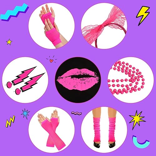 Miniatura 3 de WILDPARTY Accesorios de disfraz de los años 80 para mujer, camiseta con estampado de los años 80, diadema, aretes, collar, guantes de red