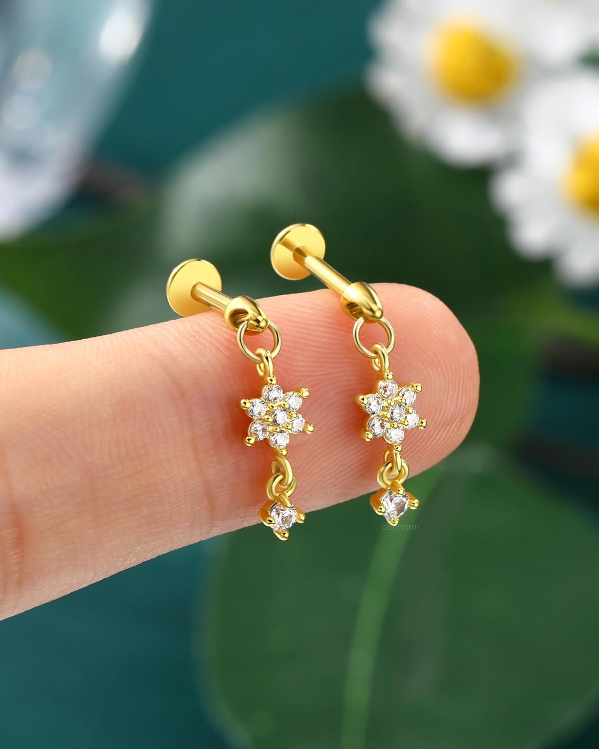 COCHARM 16G Flower Cartilage Earring Vertical Helix Piercing Jewelry, Flat Back Piercing Stud for Cartilage, Dangle Design, Gold and Silver Tone Lobe Helix Earring Stud - Image 4