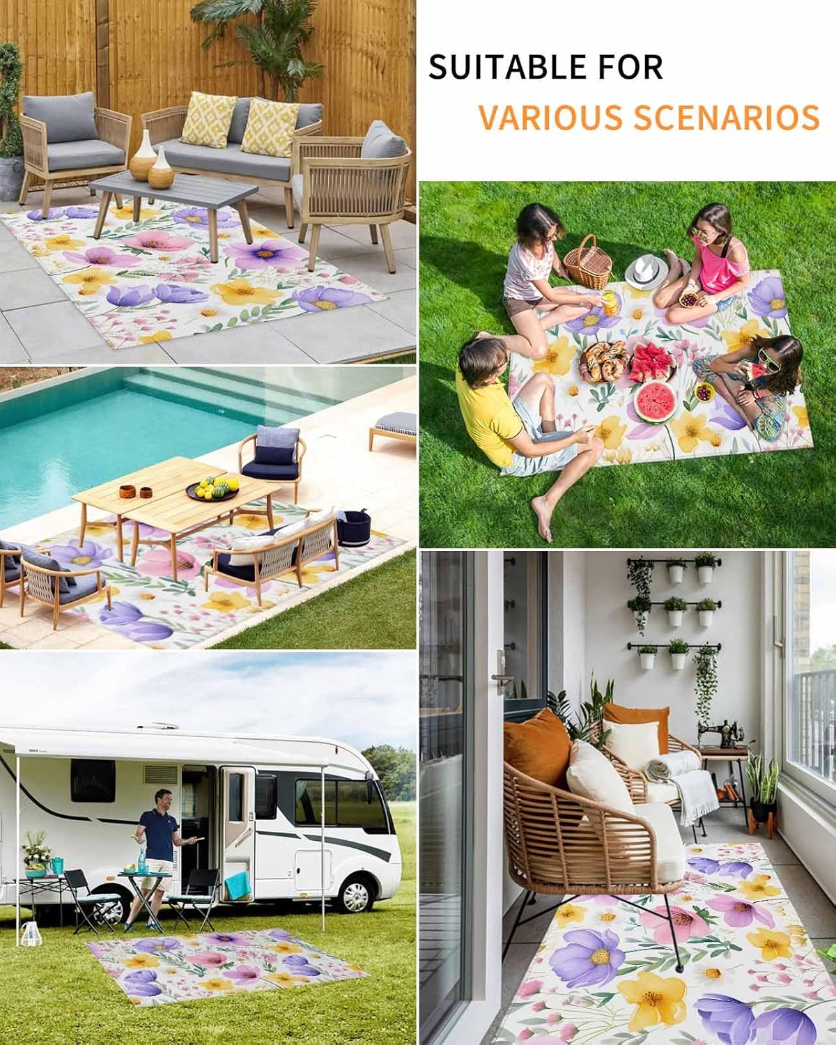 Outdoor Rug 4x6 ft Watercolor Spring Outdoor Large Area Rug Non Slip Rubber Colorful Flowers Washable Front Door Mat RV Rug Camping Carpet Patio Outdoor Rugs for Backyard Balcony Deck Porch Indoor