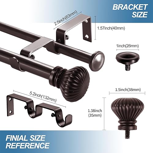 Miniatura 4 de Urbanest Juego de cortinero doble ajustable con bola acanalada, 58 pulgadas, 48-84 pulgadas, bronce