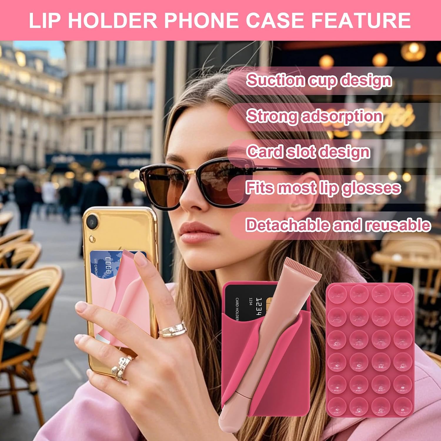 Suction Cup Phone Case Lip Gloss Holder,Featuring A Card Slot,Lip Gloss Holder Can be Repeatedly Disassembled and Assembled,Compatible with Most Mobile Devices(Rose Pink)