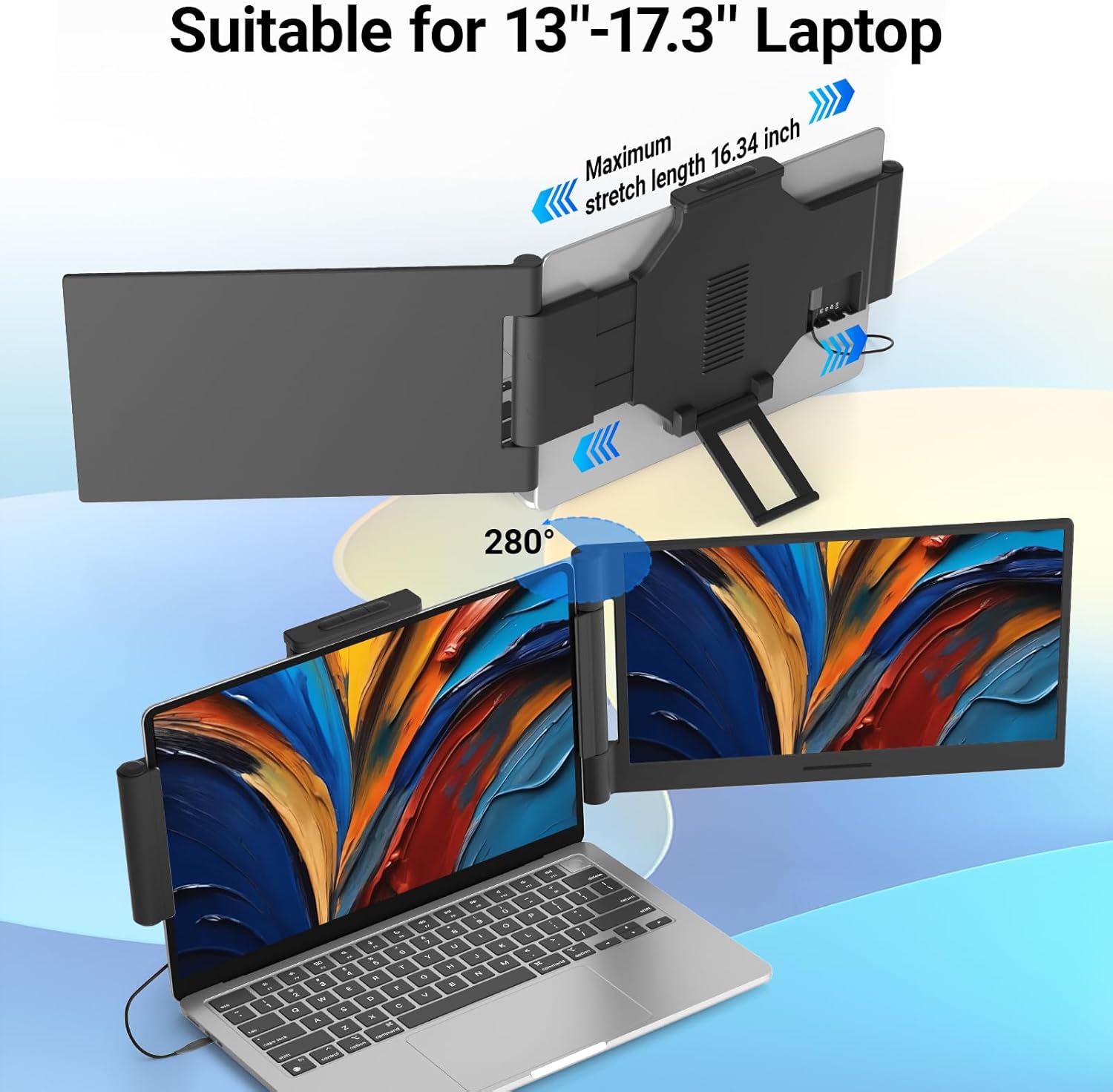Laptop Screen Extender 14 inch Laptop Monitor Extender 1080P IPS, 280° Rotation Portable Monitor for Laptops 13-17.3" with USB-C DP/HDMI Port, Plug-Play Dual Screen for Windows/Mac/Chrome/Android