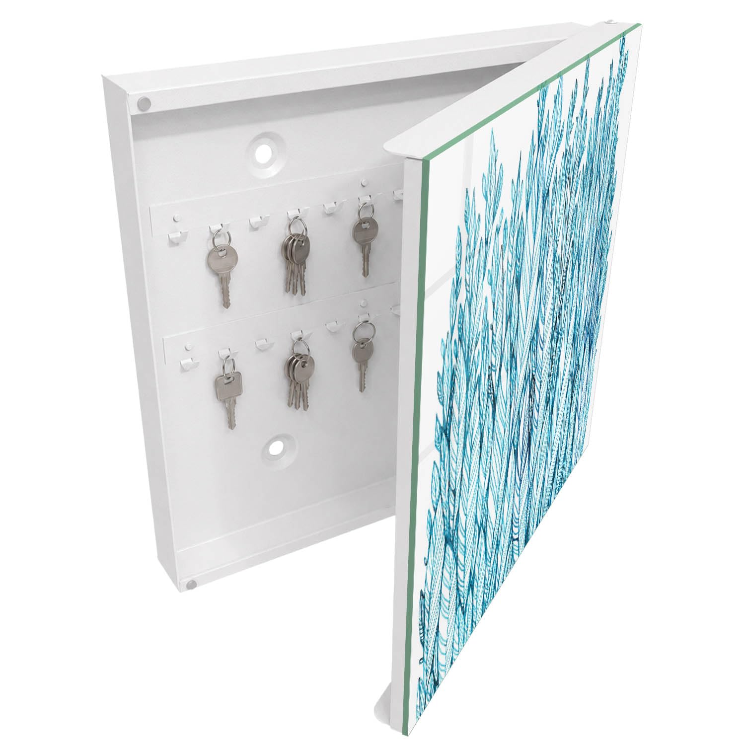 Armadietto Portachiavi 30x30 cm | Bianco | A Destra | Montaggio a Parete | Eleganza frondosa | per Uffici | Frontale Decorativo in Vetro Temperato | Tasselli e Viti Inclusi | in Metallo