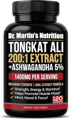 1400 mg de extracto de Tongkat Ali 2001 + Ashwagandha 5% Withanolides  Longjack de alta potencia de doble adapttógeno soporte para energía, fuerza,