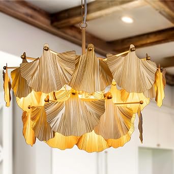 TOCHIC Gold Vintage Chandelier, 8 Lights Rustic Chandeliers for Dining Room, Modern Farmhouse Chandelier with Ginkgo Leaves, Ceiling Light Fixture for Living Room Bedroom Entryway W-25.98"