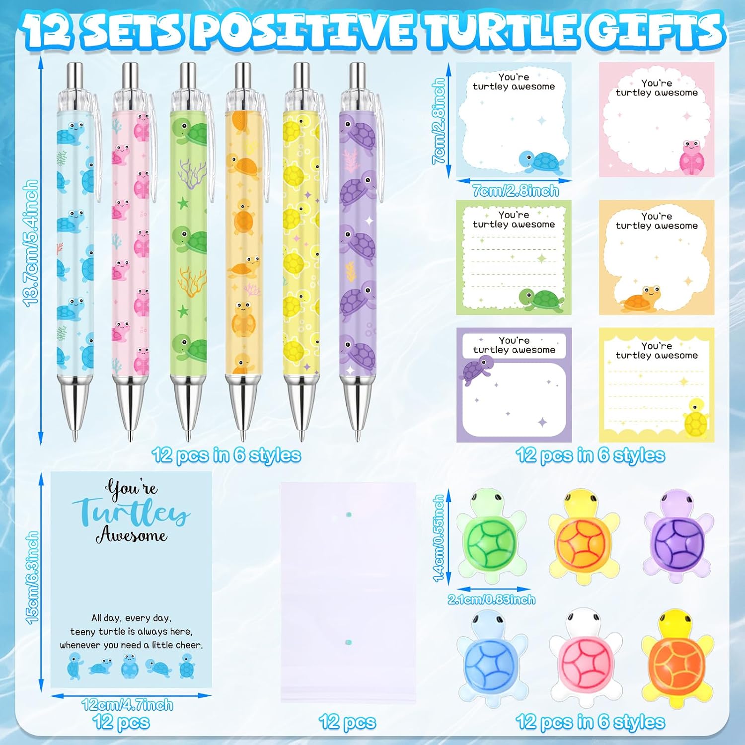 Funrous 48 Pcs Positive Gifts Bulk Emotional – Turtle Ballpoint Pens, Encouraging Sticky Notes, Inspirational Turtle Cards & Gift Bags – Emotional Affirmation Gift Set for Coworkers, Teachers Staff