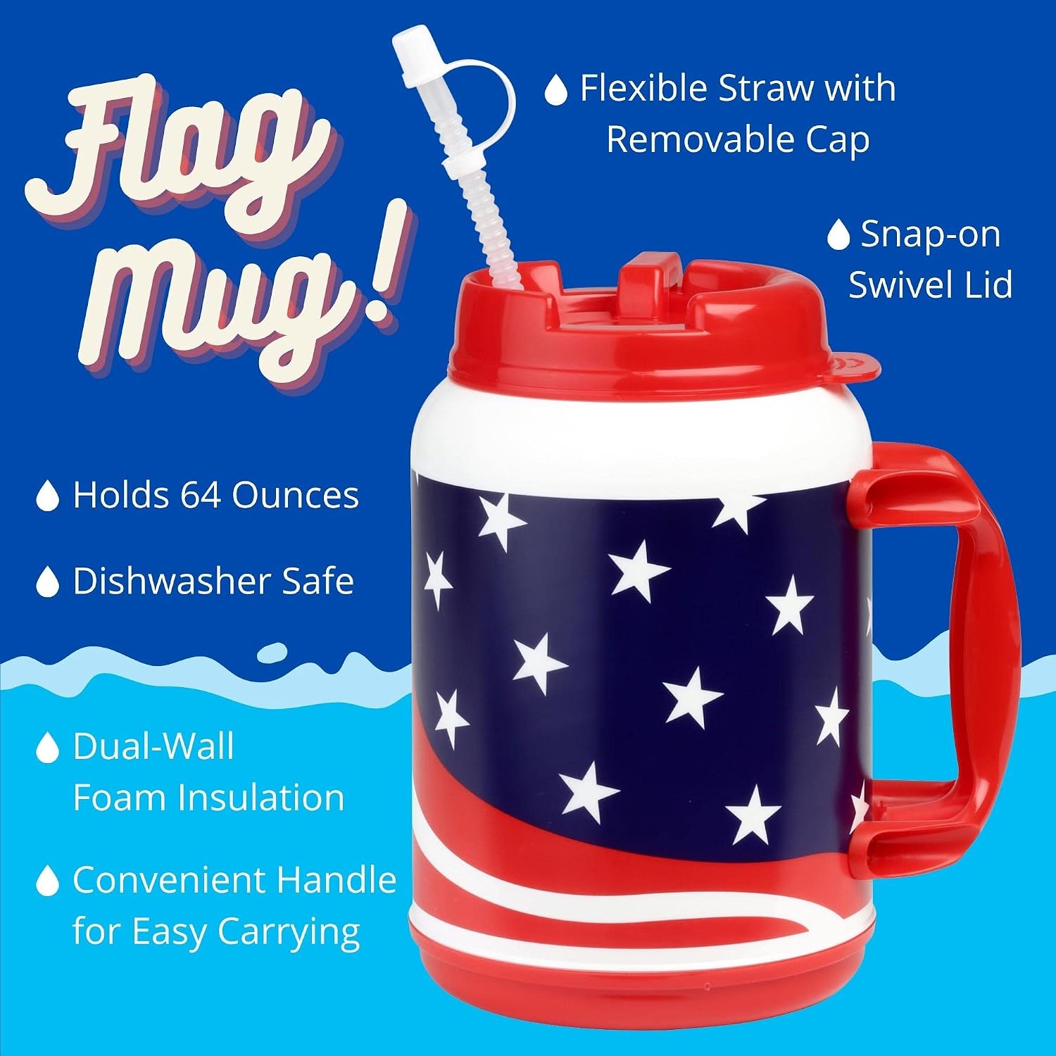 64 Ounce Insulated Mug with Lid Handle Flexible Straw with Cap, Large Plastic Cup USA Flag Patriotic