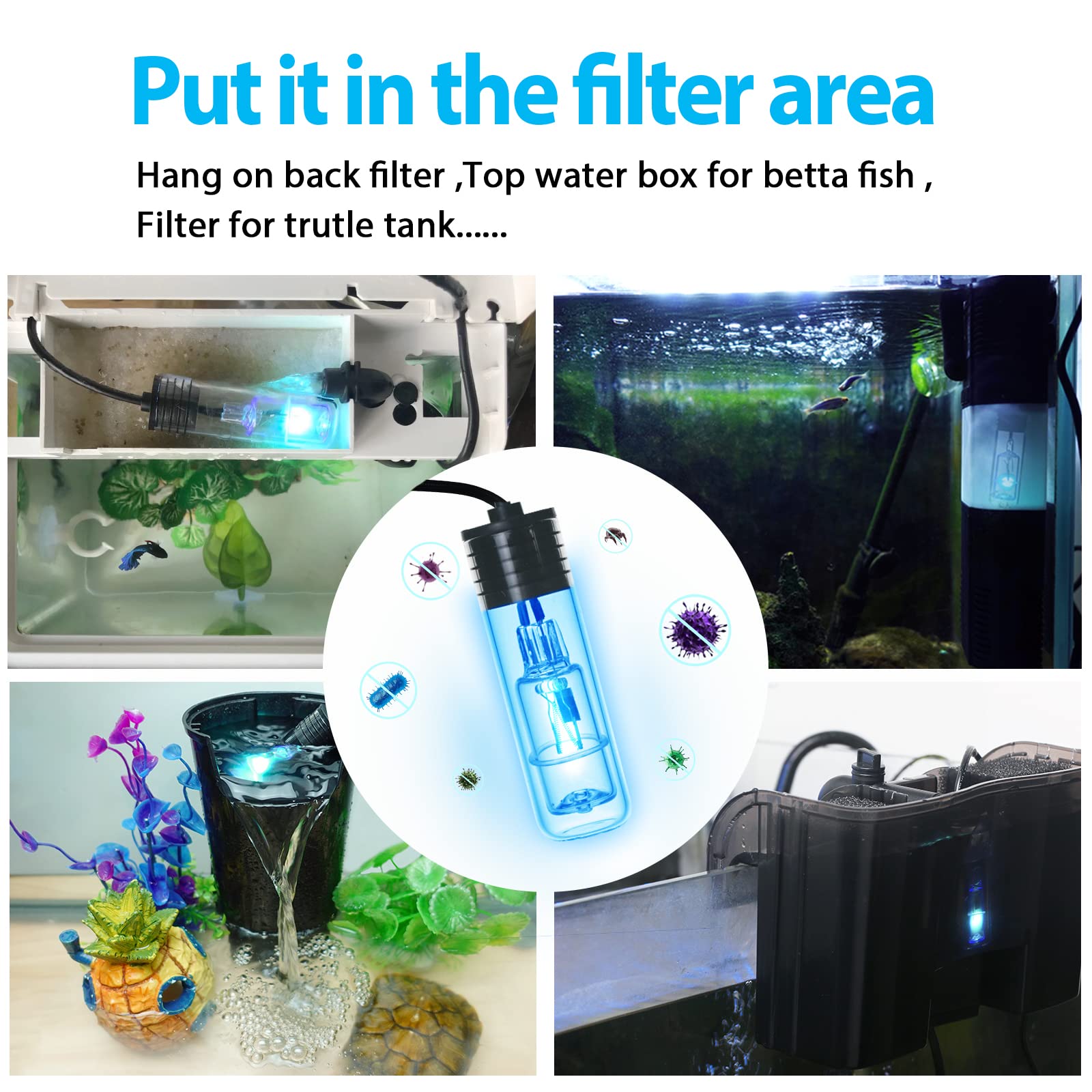 Lámpara de acuario 3W Mini pecera Luz verde limpia con temporizador de uso sumergible en área de filtro para estanque de peces de 5 a 55 galones agua nublada limpia y transparente (3W)